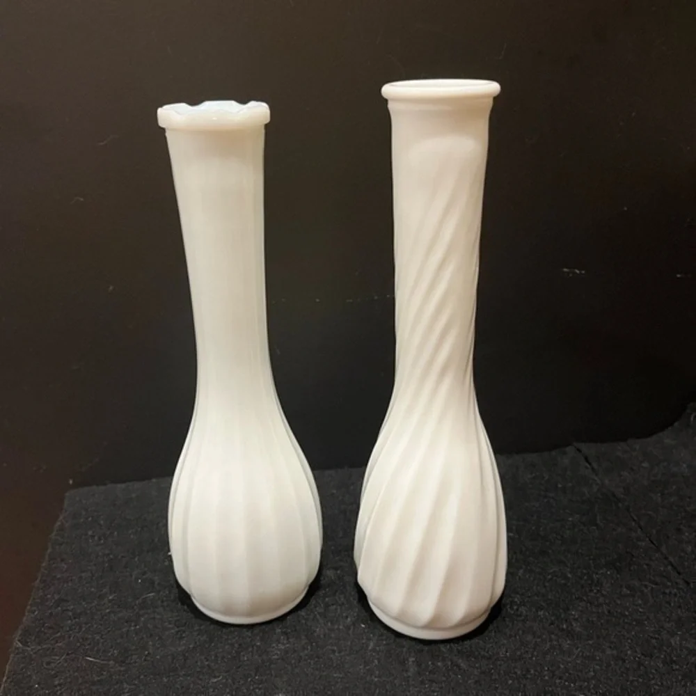 Vintage Milk Glass Bud Vases Straight Ribbed and Swirled Ribbed Set of Two
